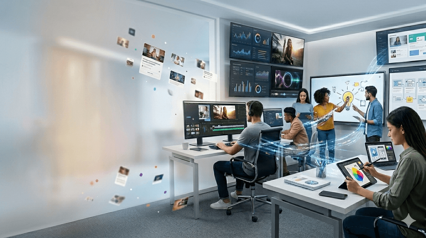 Contemporary office with teams working on video, design, and collaboration screens