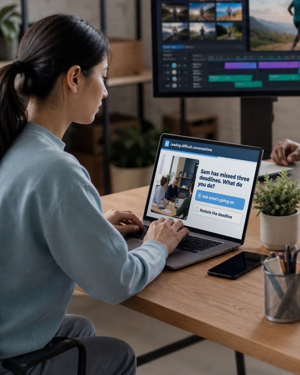 A learner working through a Learncentric scenario-based eLearning module on her laptop