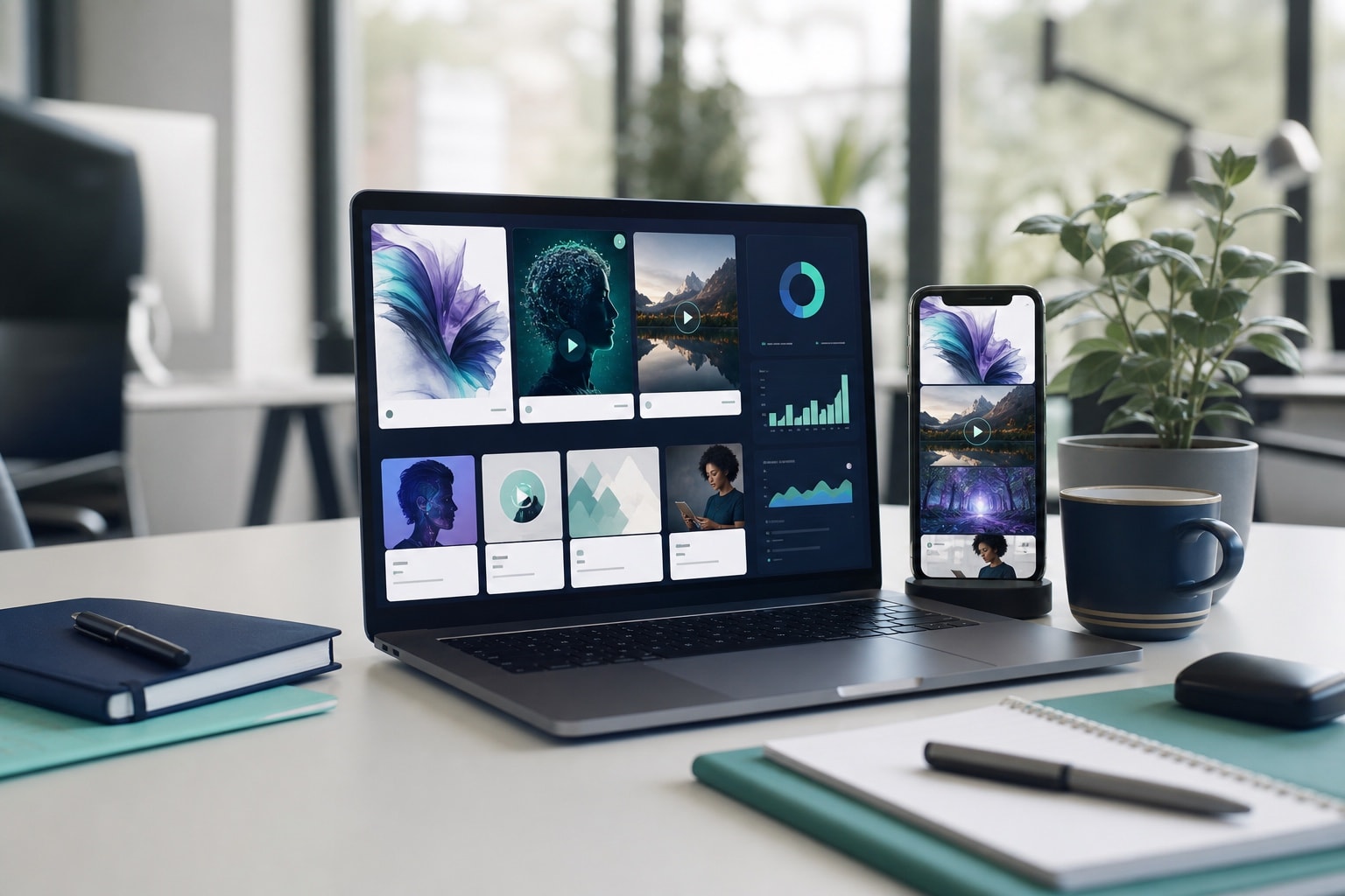 AI-assisted content workspace with video, social and analytics assets
