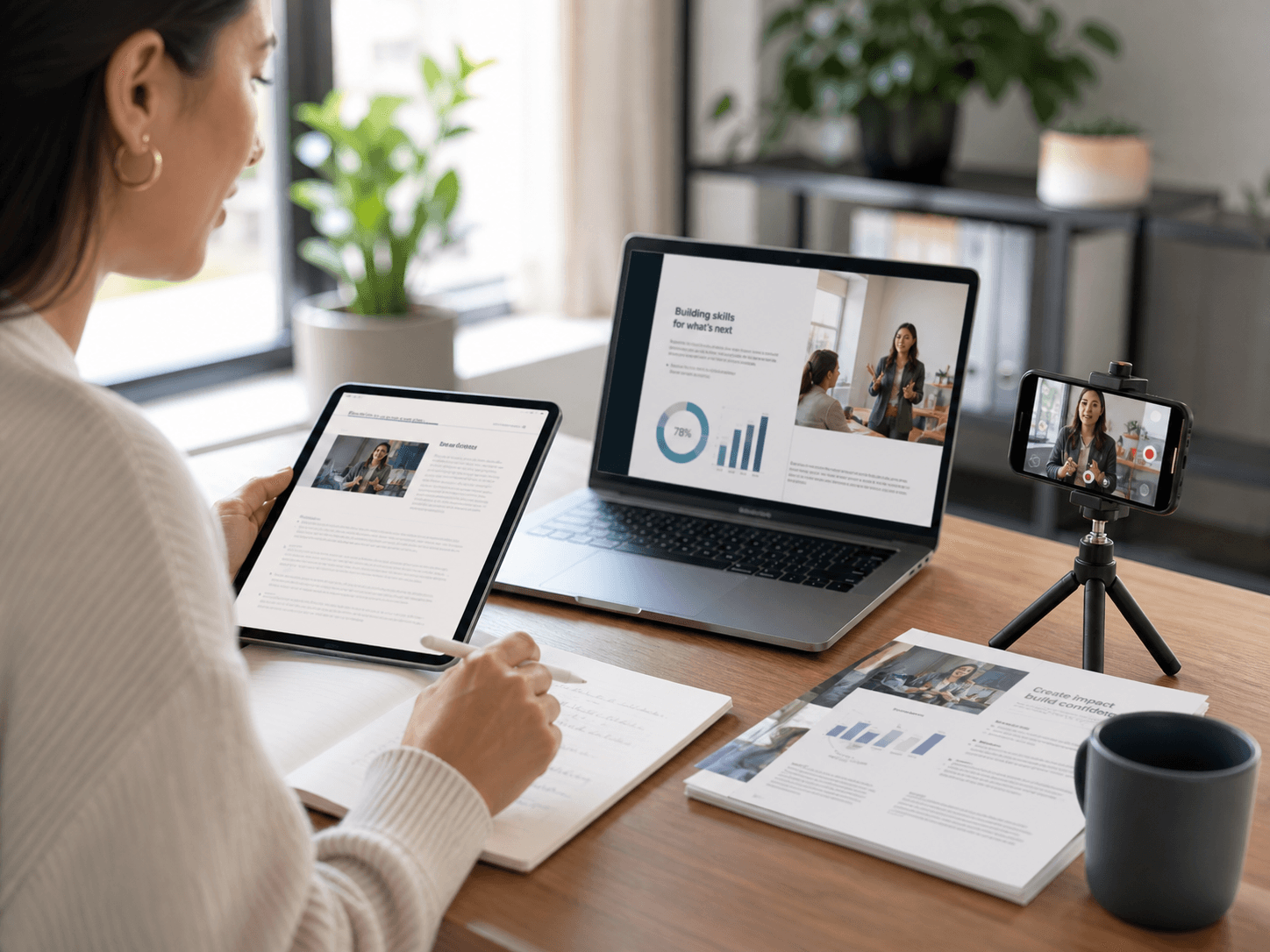 Creative professional at a desk with laptop, tablet, phone on a tripod, and notebook—multi-format content production