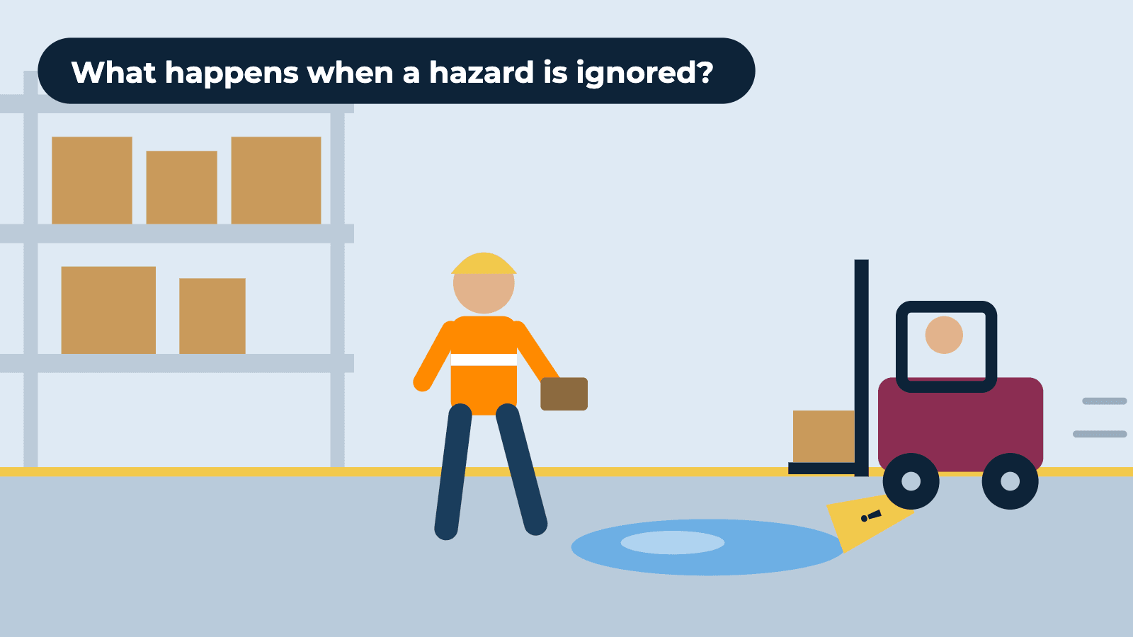 Illustration of a warehouse worker walking towards a spill while a forklift moves nearby