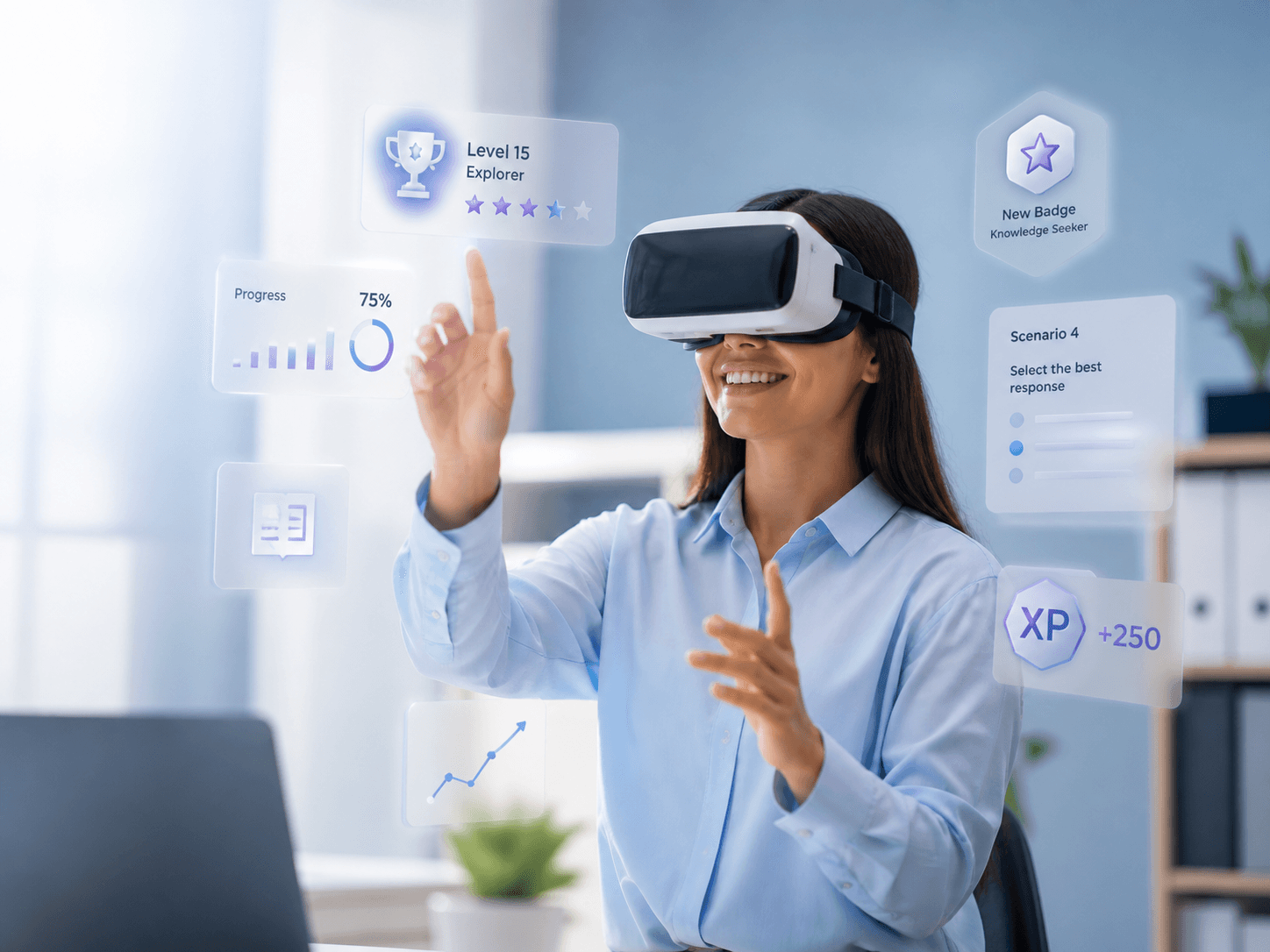 Learner with a VR headset interacting with gamified progress, badges, and scenario cards